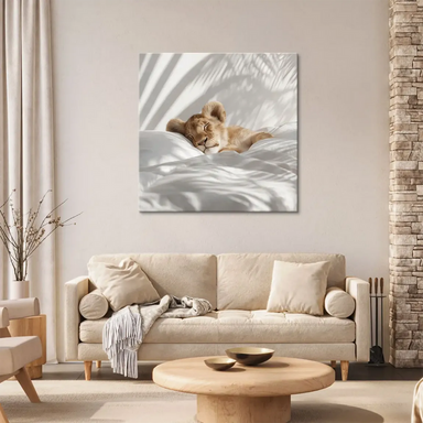 Minimalist nursery wall art featuring a sleepy lion cub