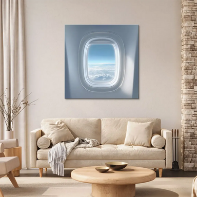 Minimalist travel-themed wall art: airplane window framing a blue horizon and clouds on canvas.