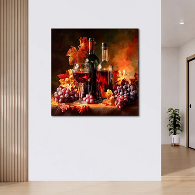 Autumnal palette with wine elements and leaves featured in a sophisticated dining room setting.
