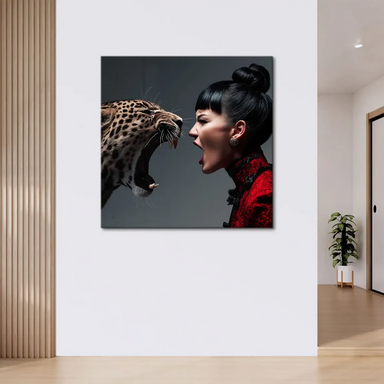 Contemporary art showing a primal leopard and a woman in red against a grey backdrop