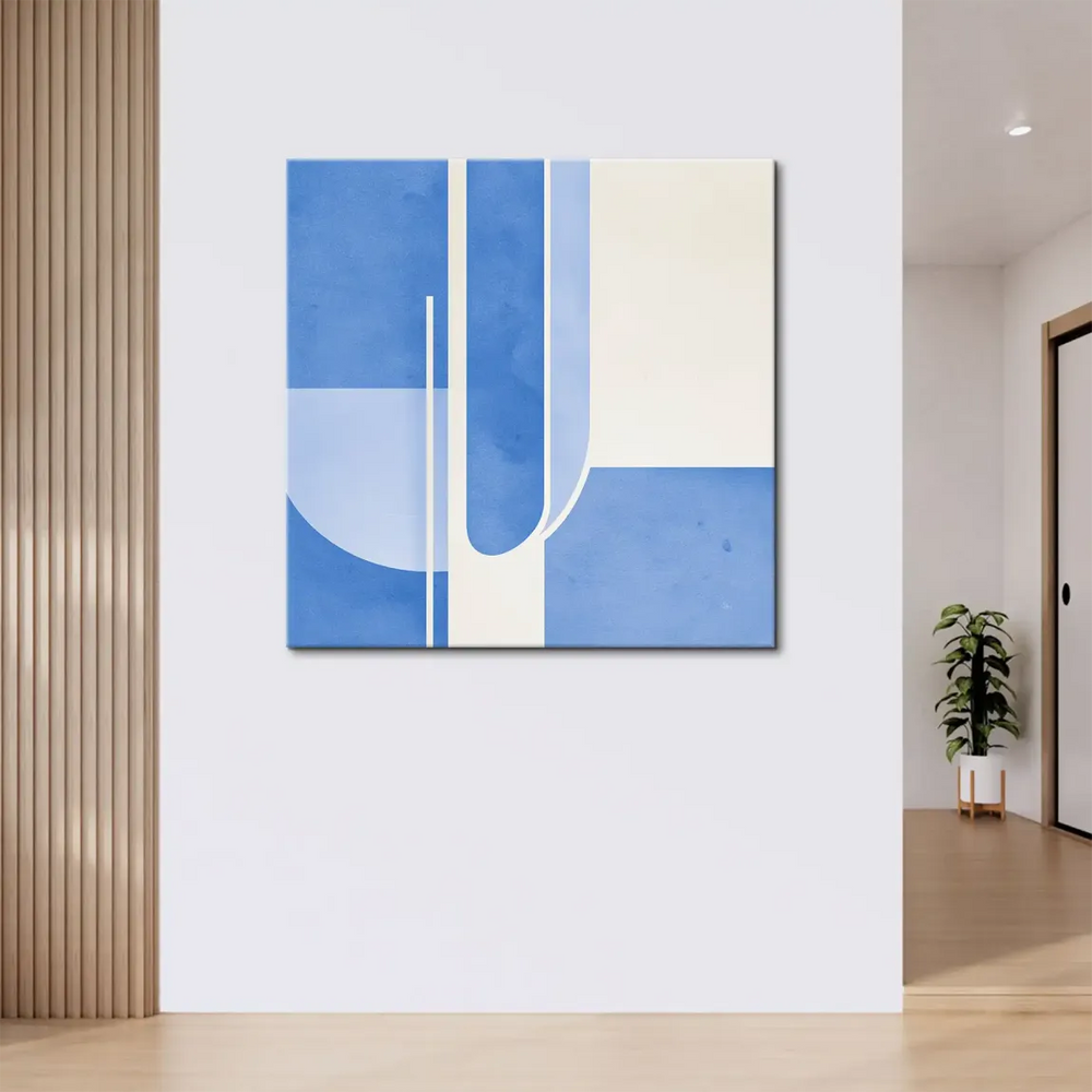 Contemporary abstract wall art featuring blue shapes and curved elements