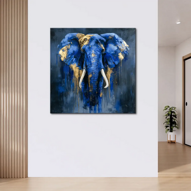 Modern abstract animal wall art showing an elephant in deep blue tones