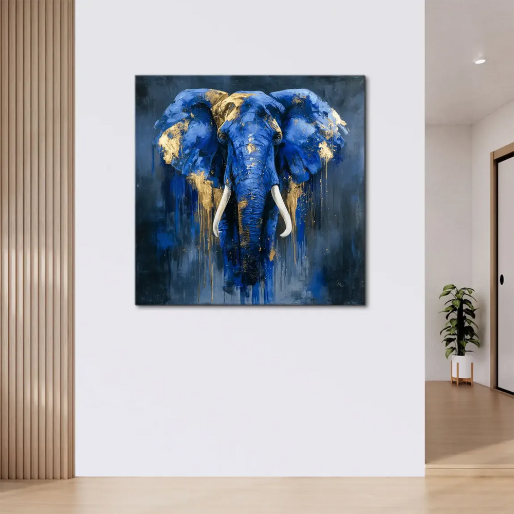 Modern abstract animal wall art showing an elephant in deep blue tones
