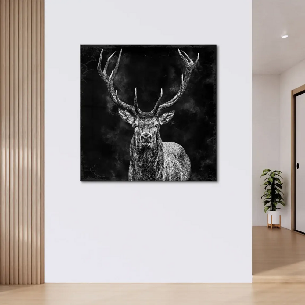 Monochrome deer wall art with direct gaze