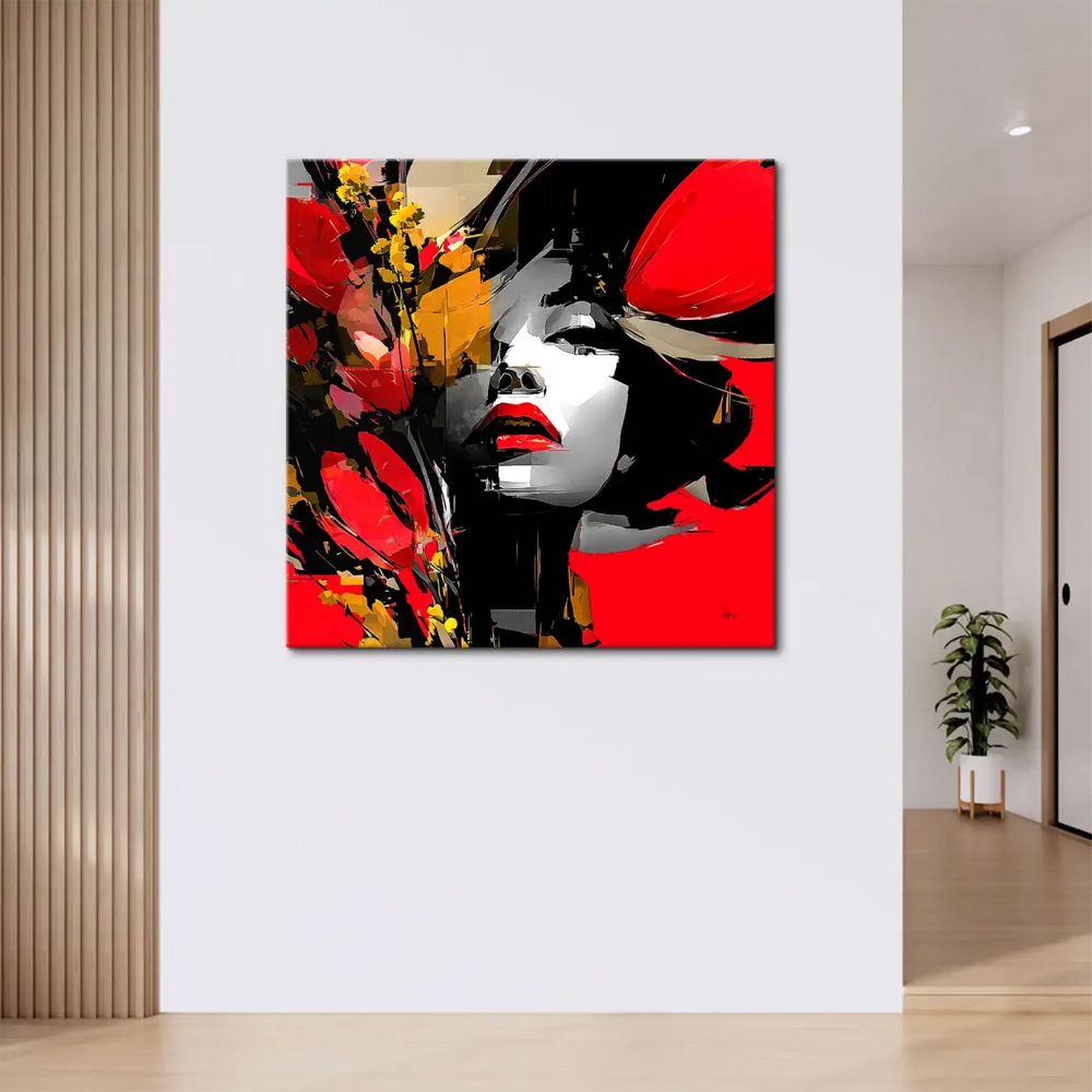Pop Art-inspired square canvas with deconstructed portrait and floral highlights.
