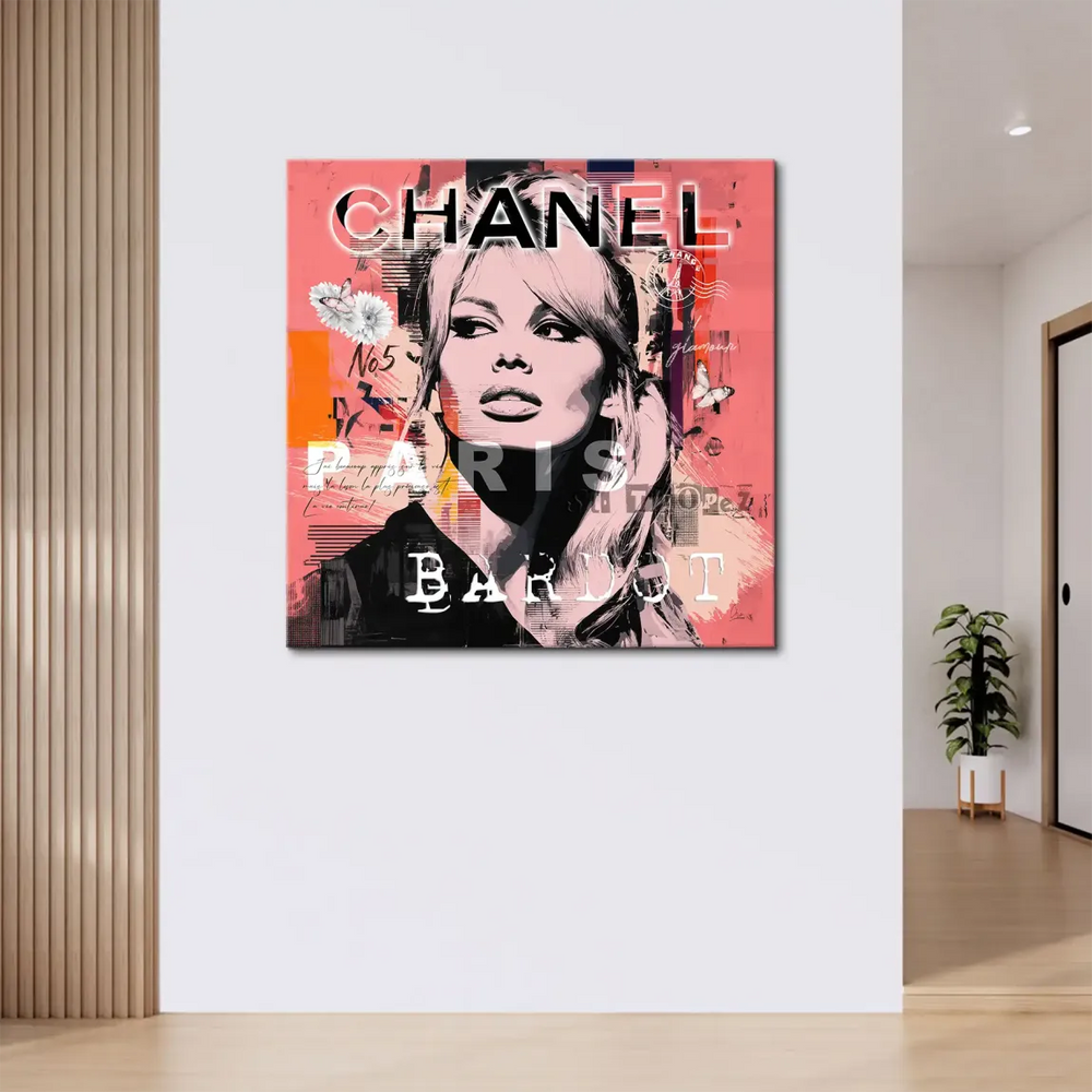 Graphic composition in pink, black, and orange with floral motifs on Bardot portrait