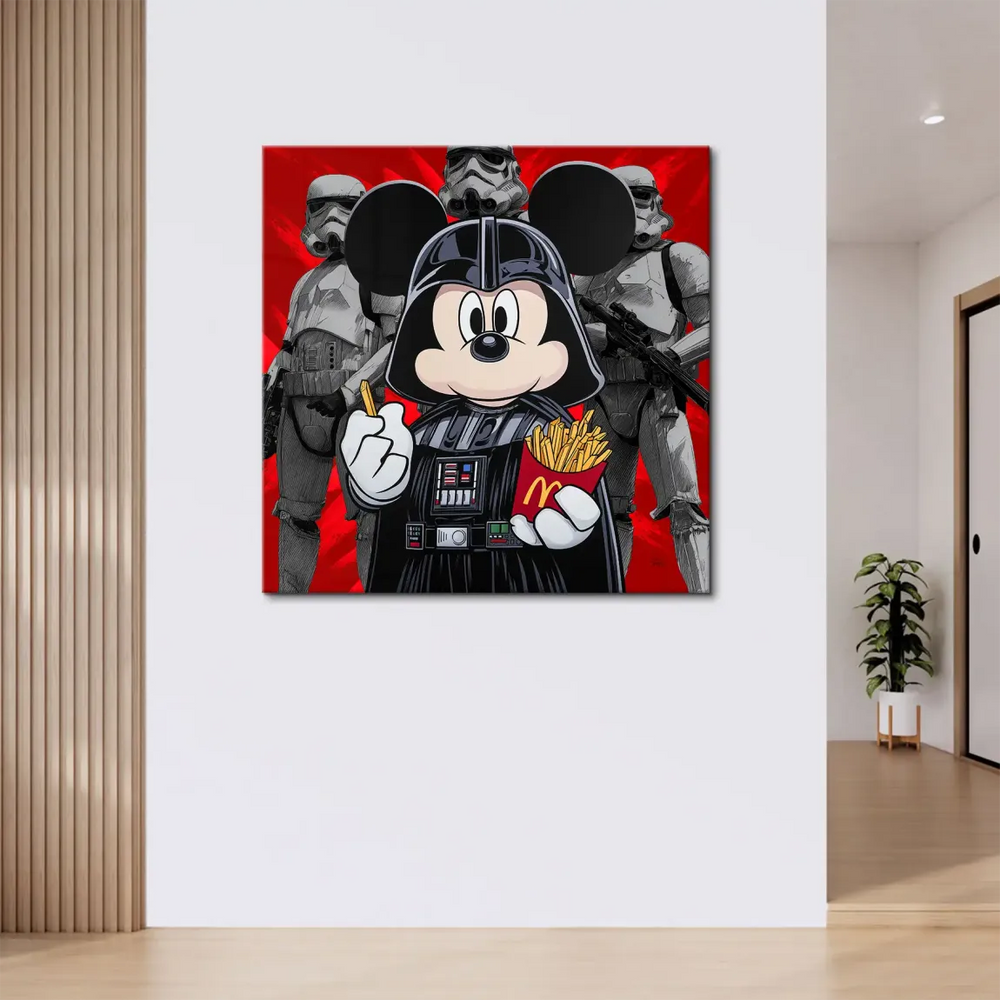 Playful mashup of Disney and Star Wars icons in a modern wall art piece.
