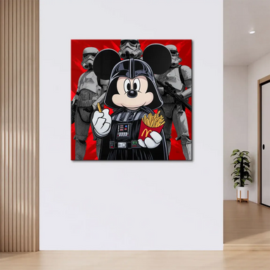Playful mashup of Disney and Star Wars icons in a modern wall art piece.