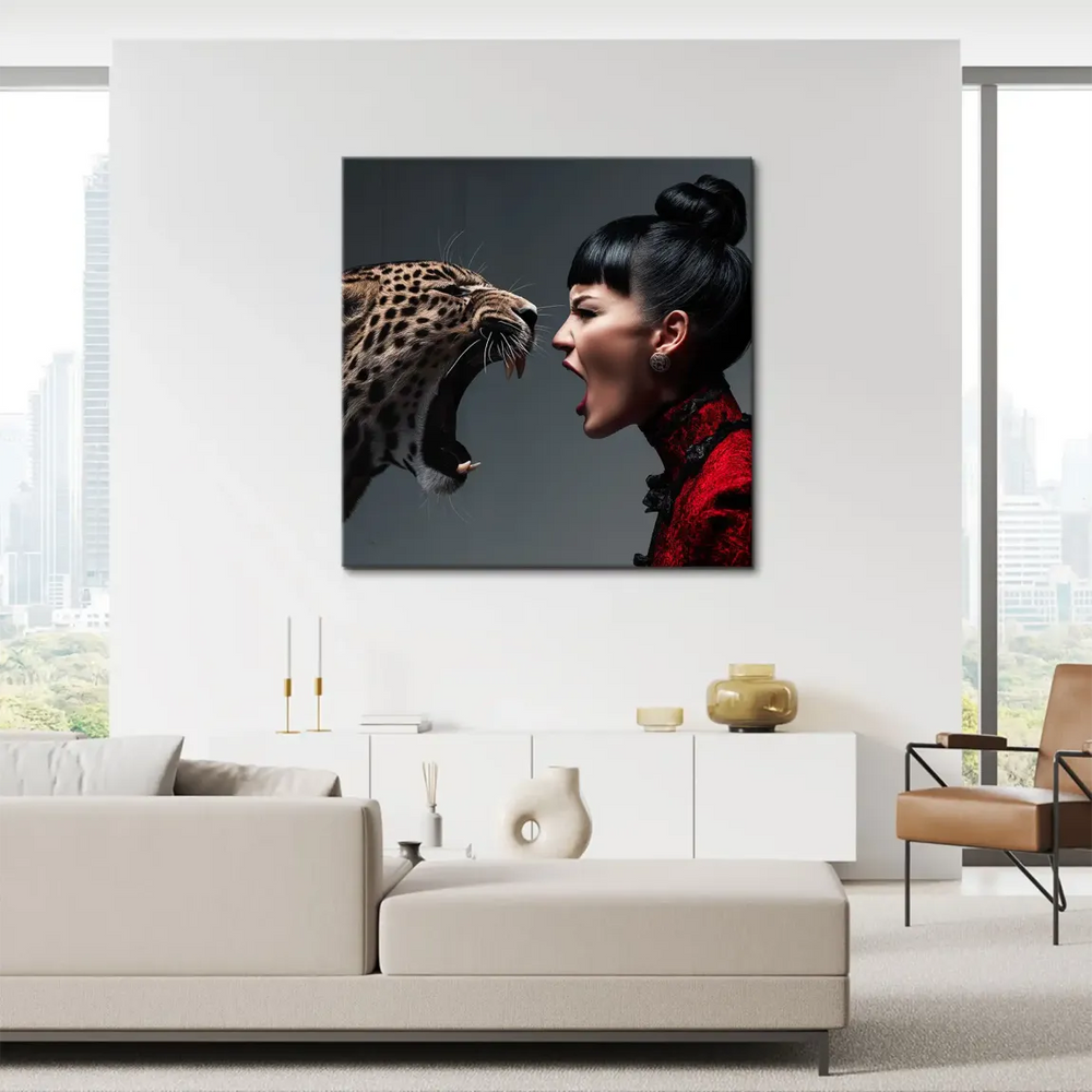 Dramatic animal portrait wall art blending fashion and wild energy