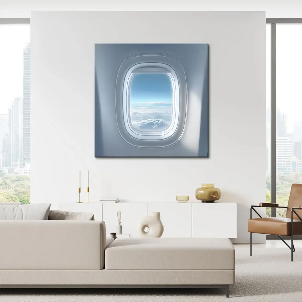 Calm sky landscape on canvas, captured from an aircraft window with soft blues and greys.