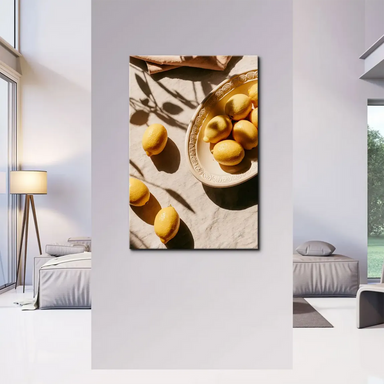 Cream bowl with lemons against a soft tan cloth and beige backdrop