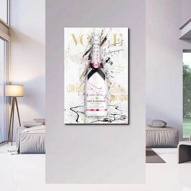 Champagne Glam art print showing chic champagne bottle in a modern dining room setting.