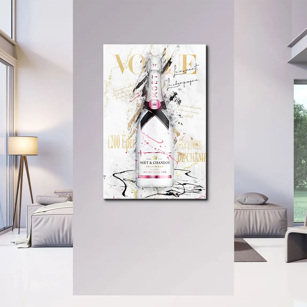 Champagne Glam art print showing chic champagne bottle in a modern dining room setting.