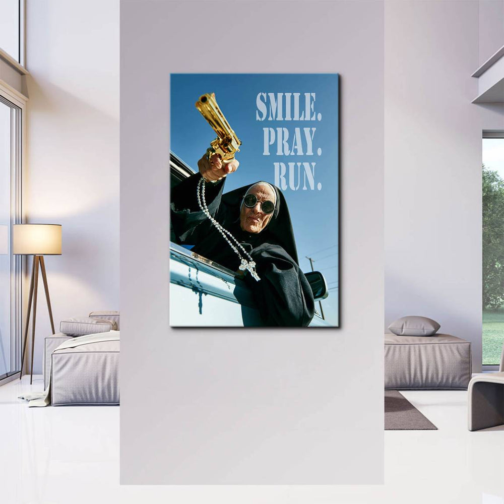Edgy, humorous portrait of a nun designed for contemporary interior decor.