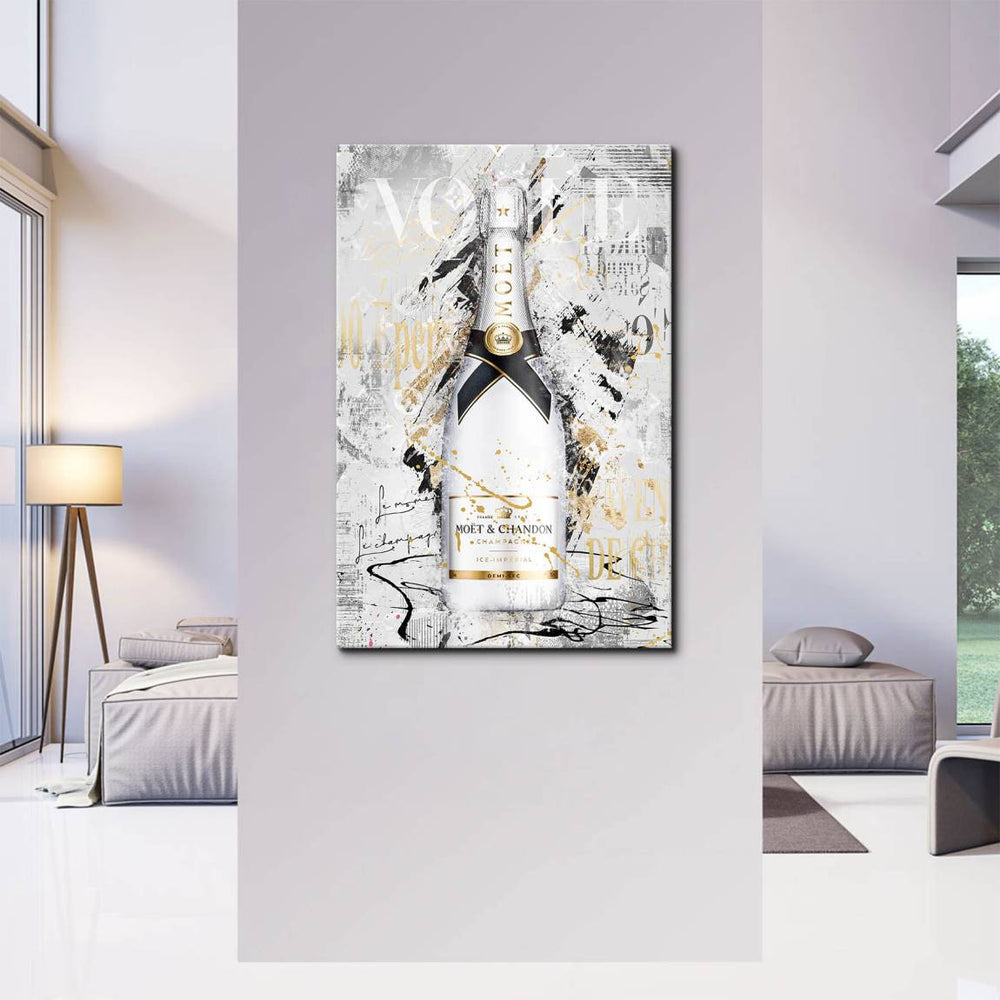 Luxurious chic pop art canvas with white, black, and gold tones and subtle pink accents.