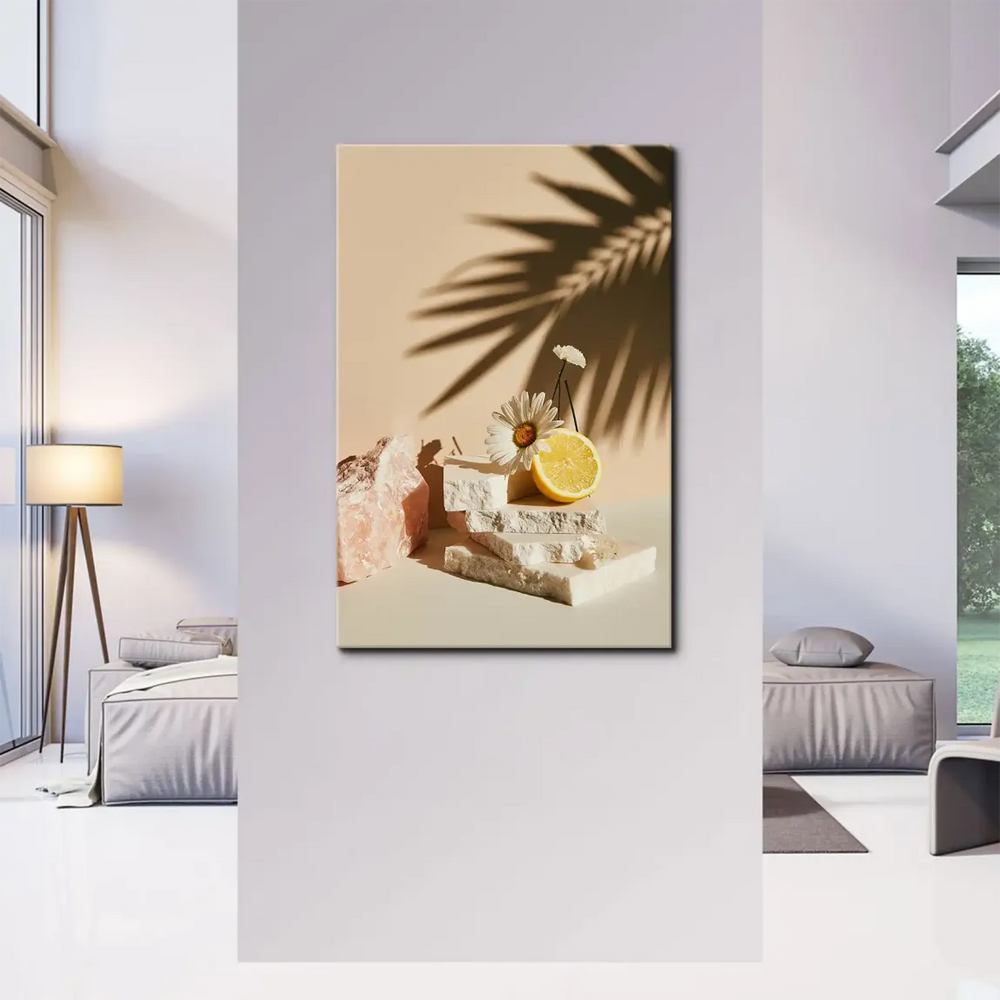 Natural stone blocks and muted background forming a calm, earthy citrus-themed composition