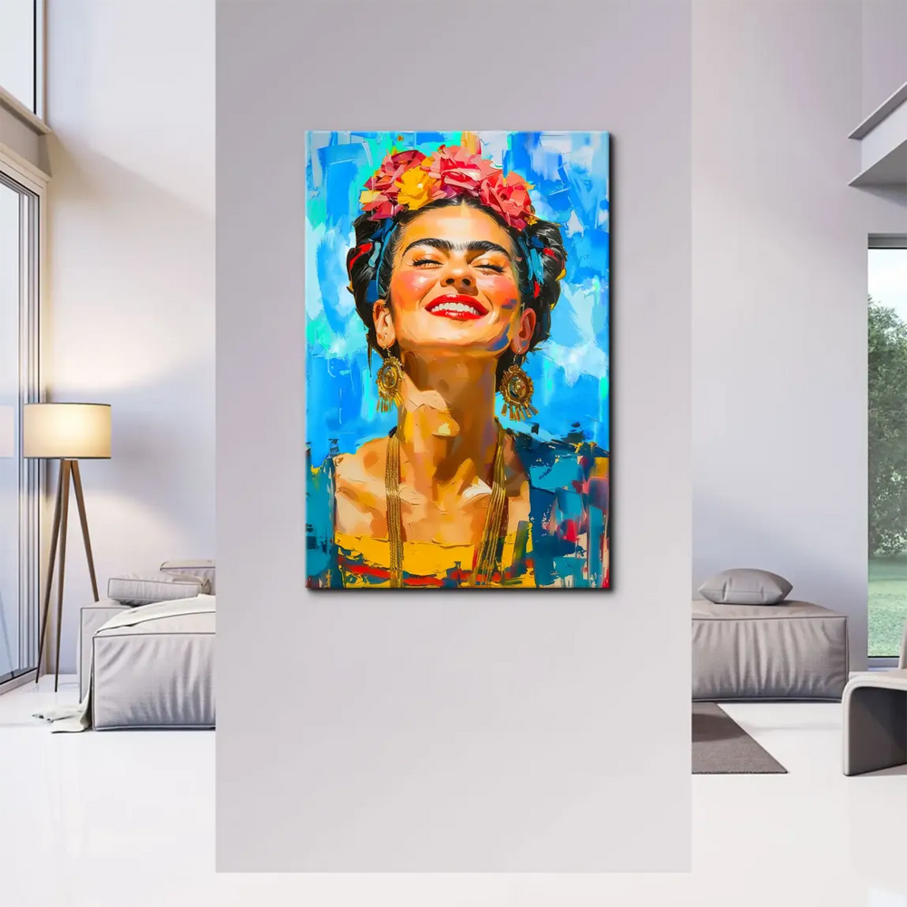 Frida Kahlo-inspired portrait on canvas in Pop Art style with bold colors
