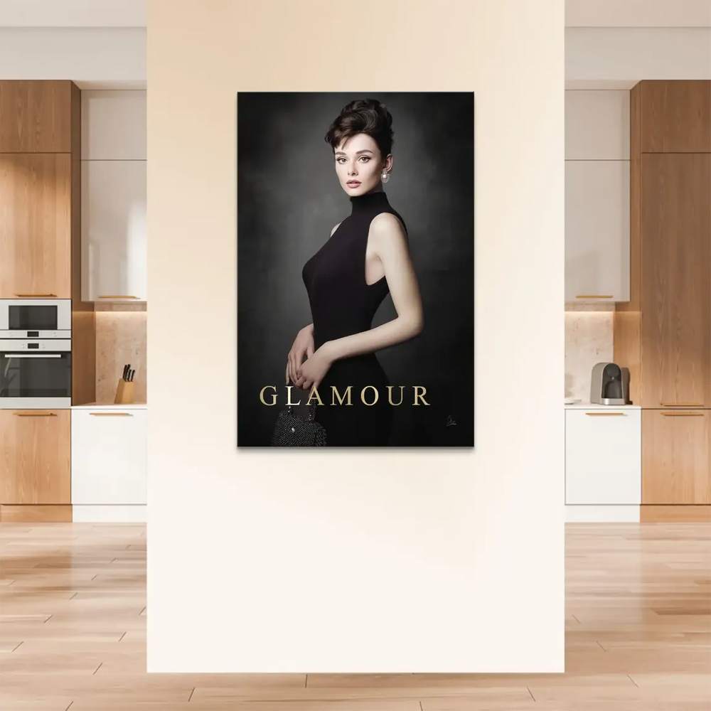Close-up of a chic black sleeveless turtleneck and beaded handbag in a stylish wall art figure