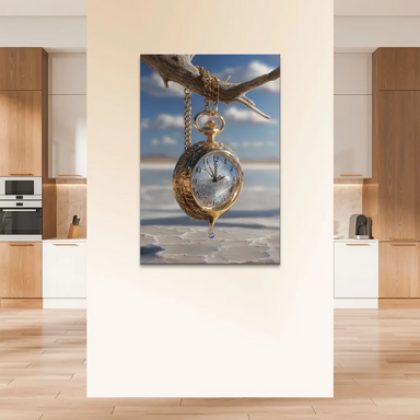 Close-up of the melting golden pocket watch on the branch, highlighting Dali-style surreal details.