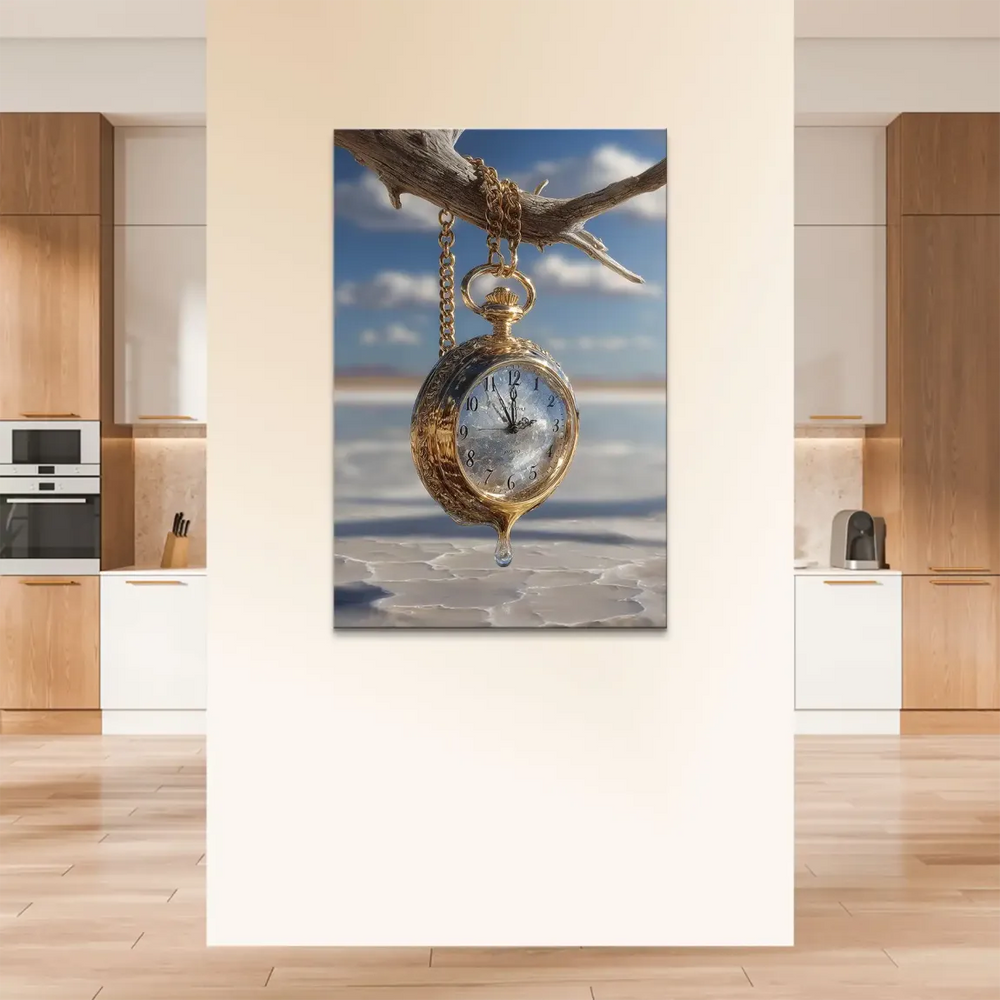 Close-up of the melting golden pocket watch on the branch, highlighting Dali-style surreal details.