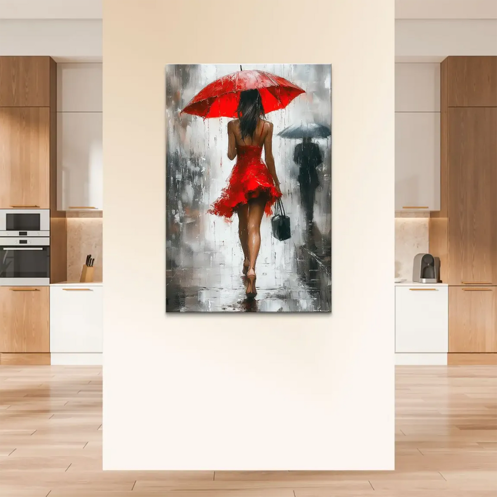 Stylized art print showing a solitary woman in the city rain, elegant and moody