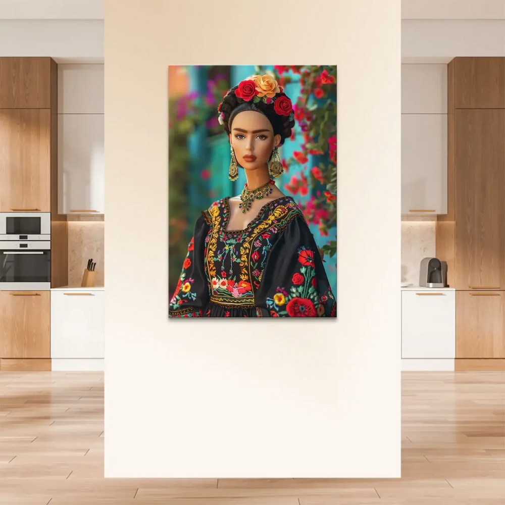 Frida Barbie canvas art showing jewel-toned clothing and floral motifs in a boho cultural style.