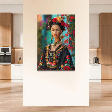 Frida Barbie canvas art showing jewel-toned clothing and floral motifs in a boho cultural style.