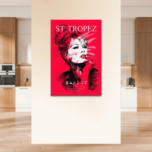 monochrome bardot face with bold red backdrop in retro pop art style