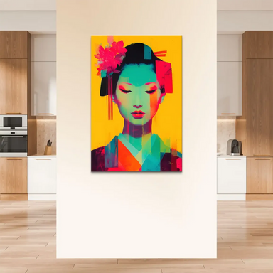 Geometric blocks in hot pink, orange, and black in hair and kimono