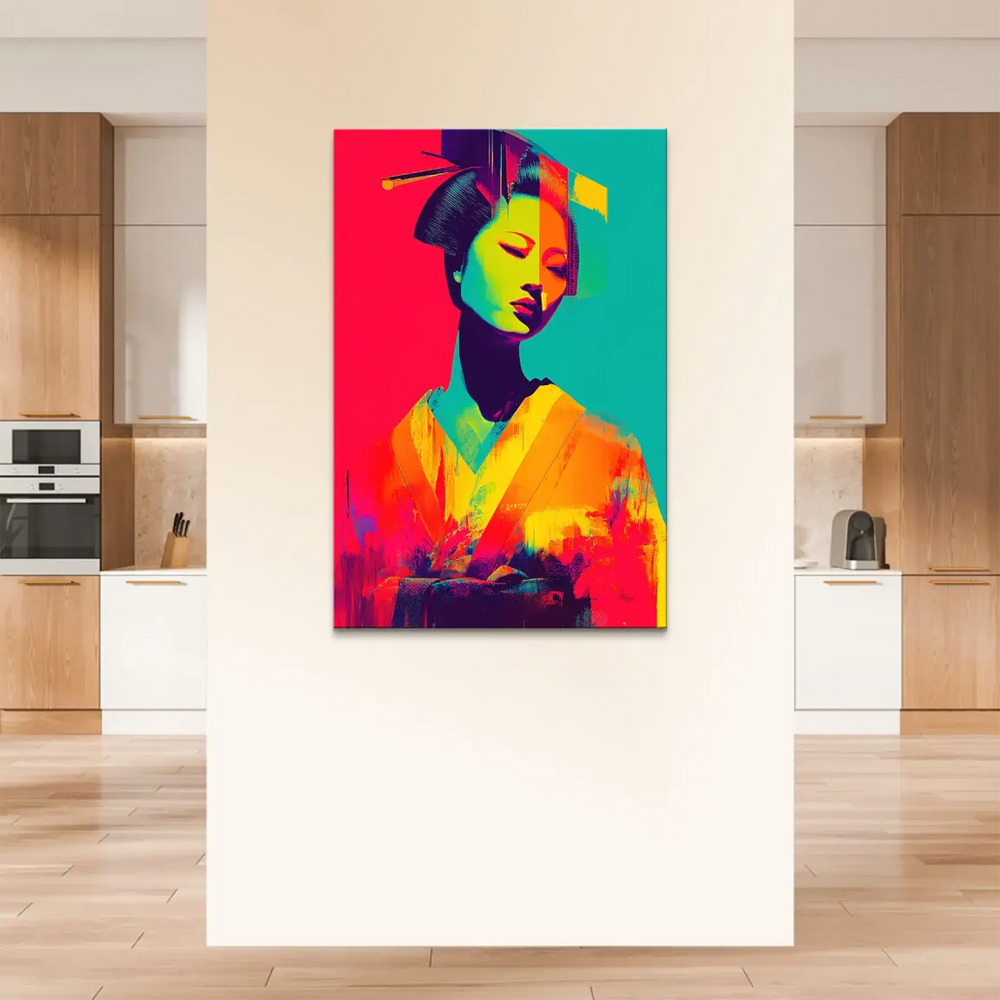 Stylized Geisha portrait on canvas with digital glitch-like hair and painterly kimono texture