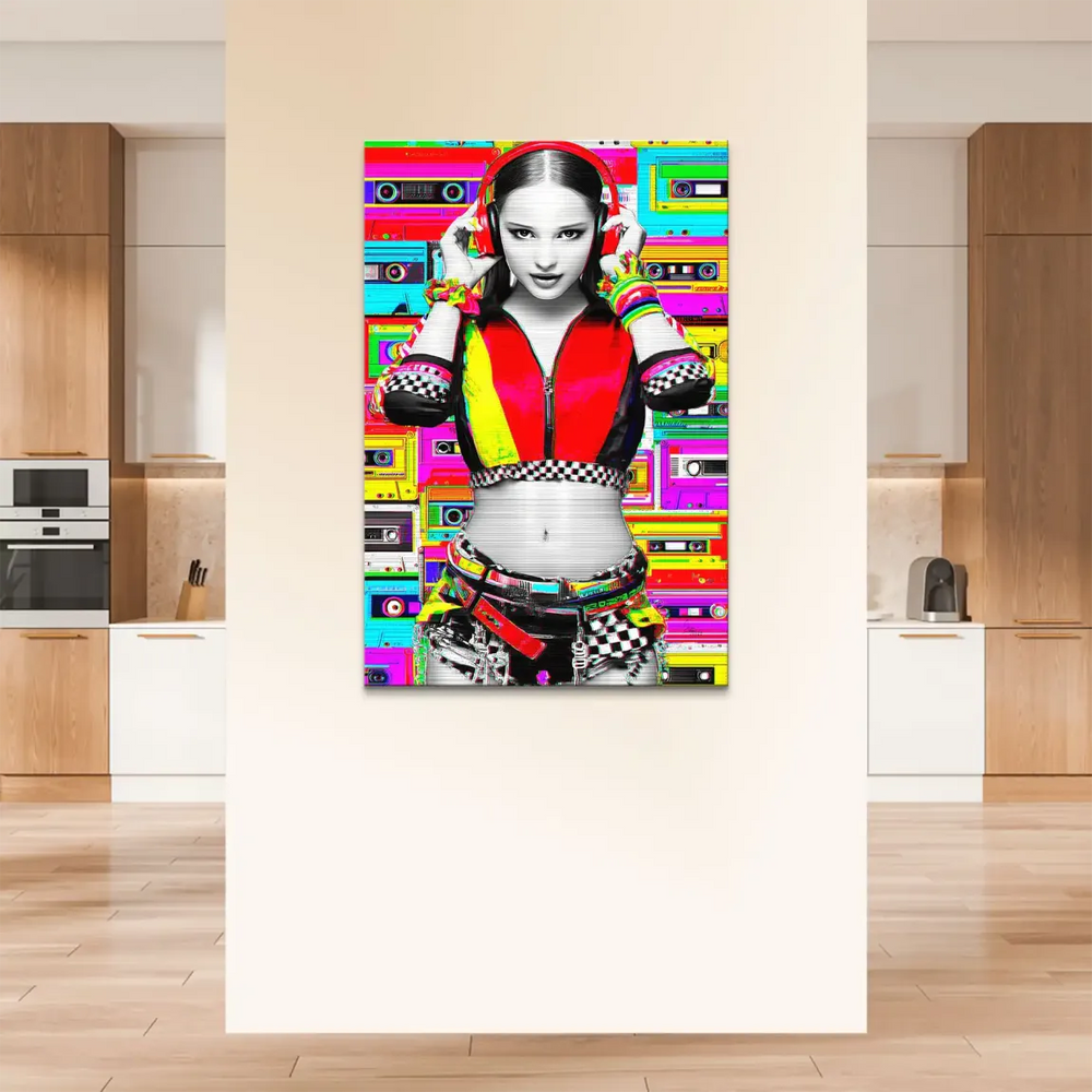 Close-up of red headphones and red-yellow-black checkered top on the retro DJ girl canvas.