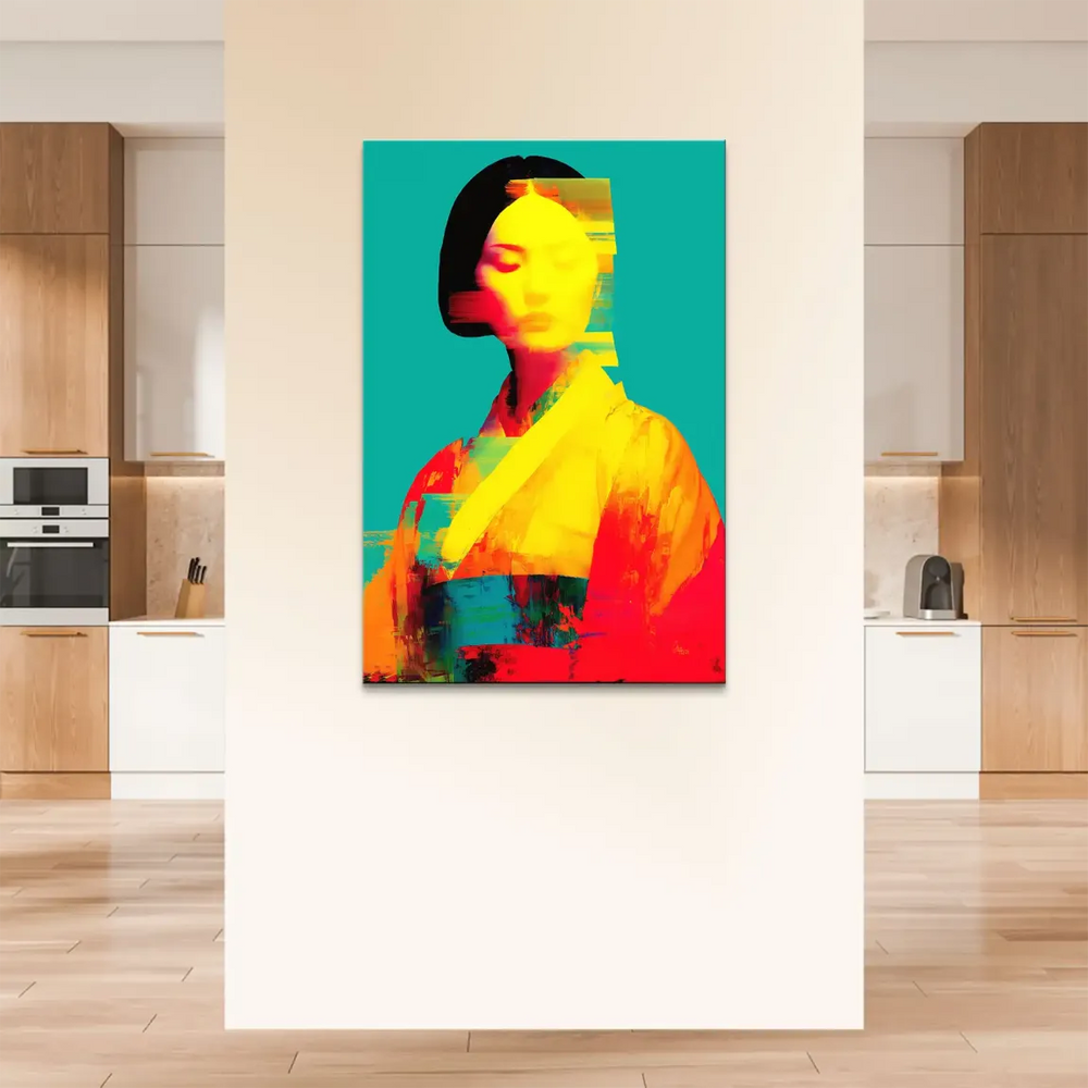 Abstract pop art style wall art on canvas depicting a Geisha-inspired female portrait with bold red, orange, blue accents and teal backdrop.