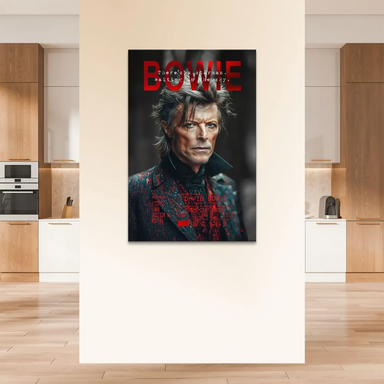 Bowie Starman canvas wall art featuring blue-green eyes and glitchy red typography.