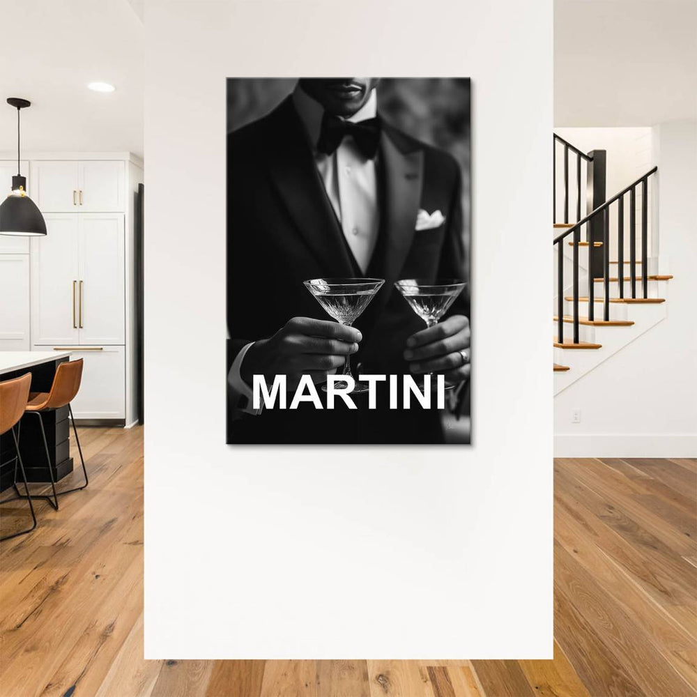 Graphic MARTINI typography anchored by a sophisticated fashion portrait in monochrome.