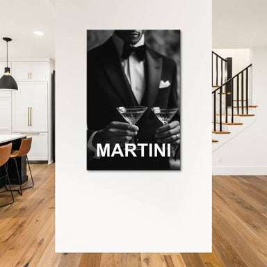 Graphic MARTINI typography anchored by a sophisticated fashion portrait in monochrome.
