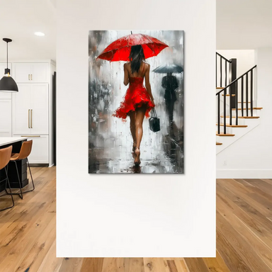 Painterly city rain scene featuring a woman in a flowing dress and red umbrella