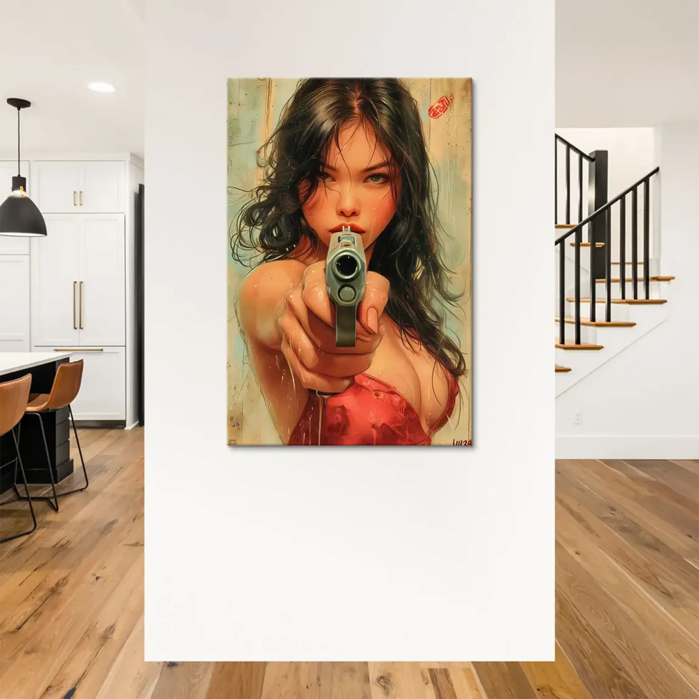 Bold cinematic wall art featuring a female figure with a gun and intense gaze