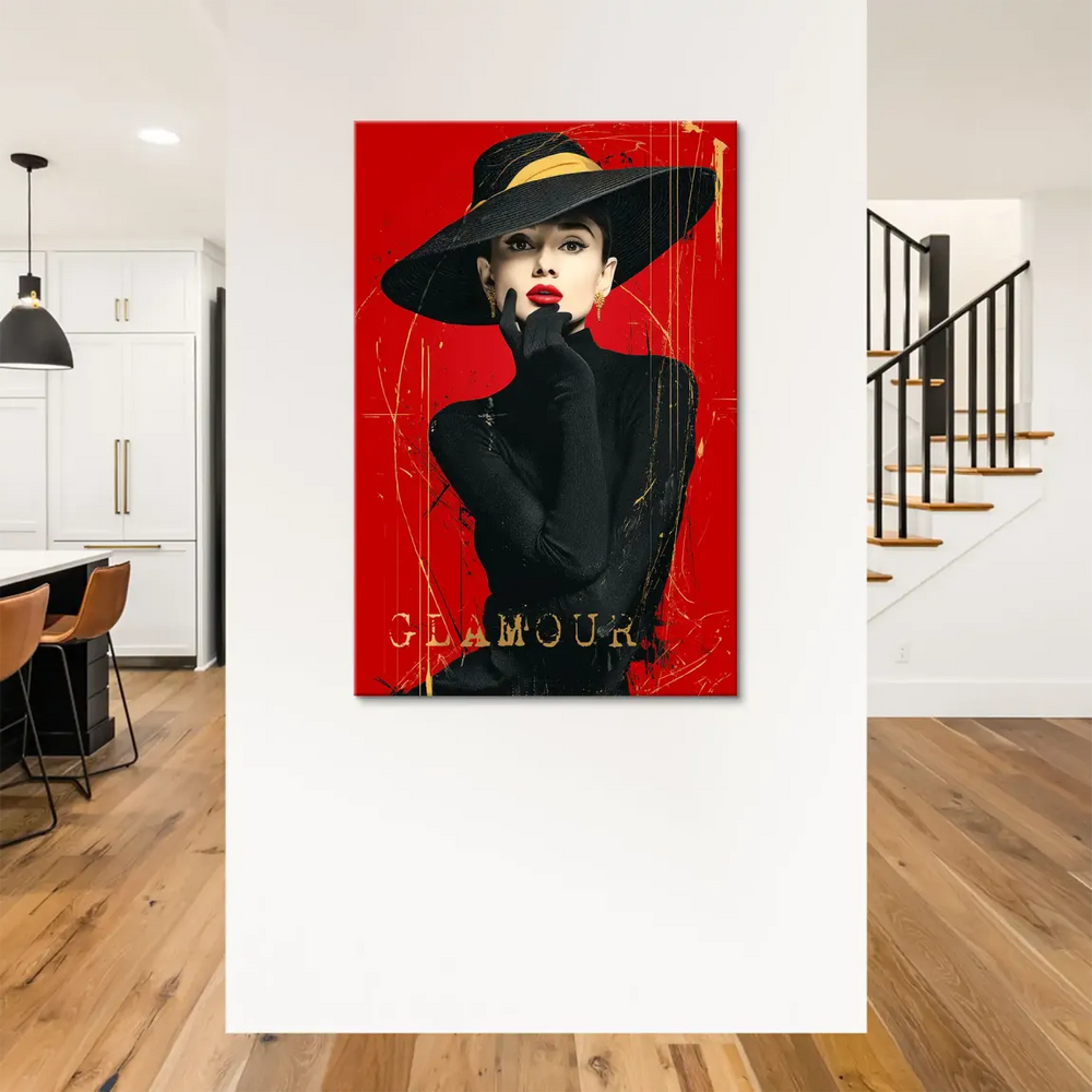 Iconic Audrey Hepburn on a red glamor canvas with bold urban background