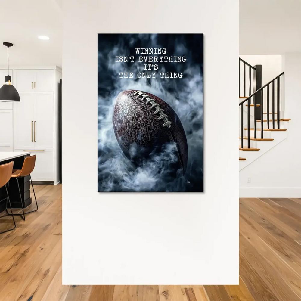 Graphic sports wall art featuring a football and smoke effects in a dark, cinematic style.