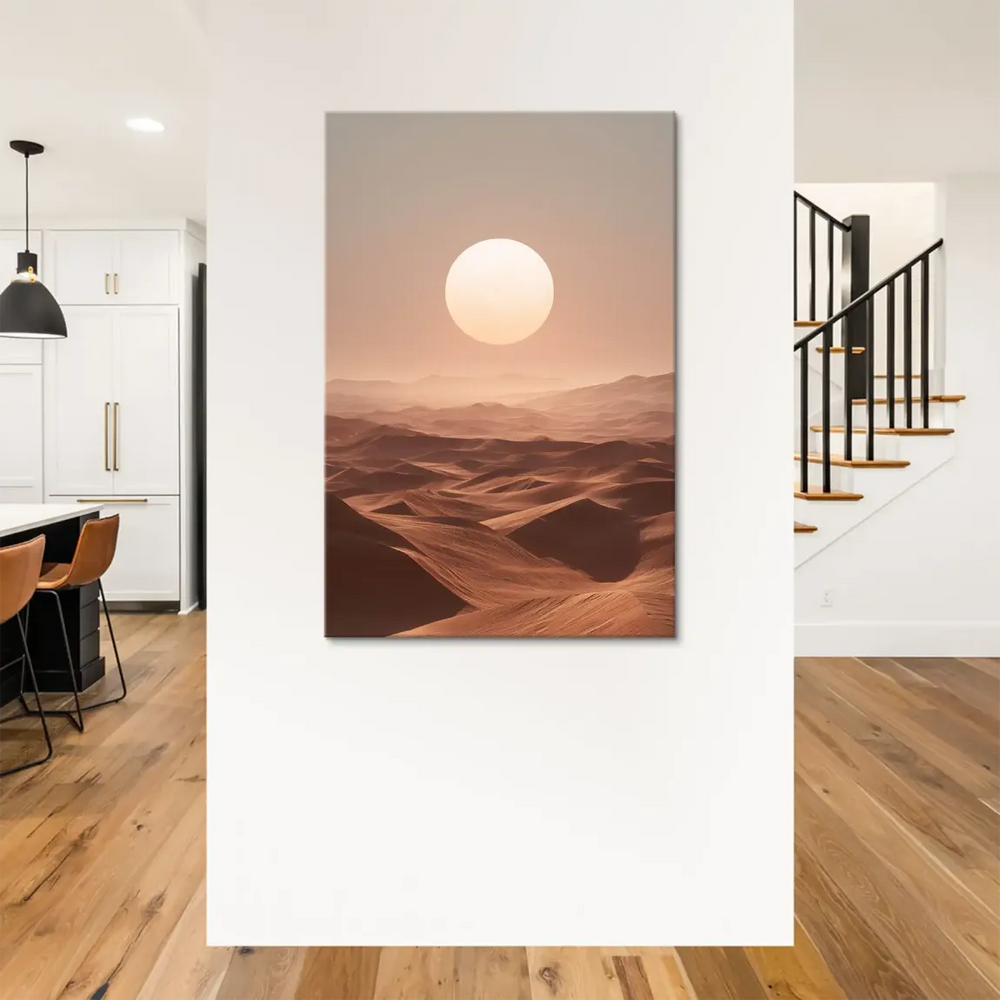 Desert dunes in terracotta and warm orange tones with soft light across the horizon.