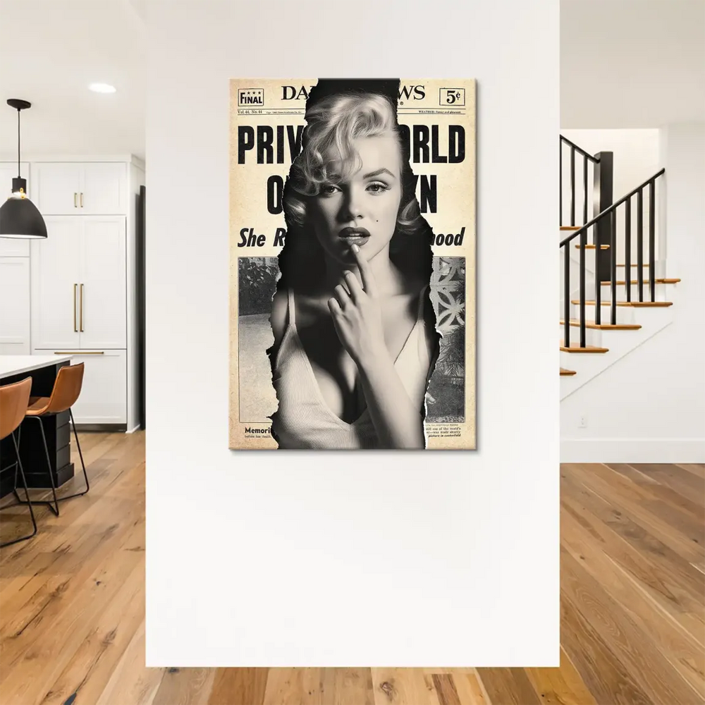 Marilyn Monroe wall art featuring a pop art red lip and vintage headlines on a sepia-toned background