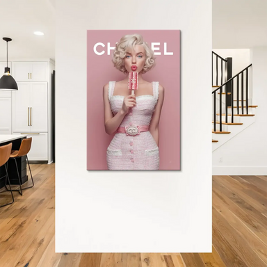 Portrait-style fashion art featuring a pink-dominated palette and tweed dress.