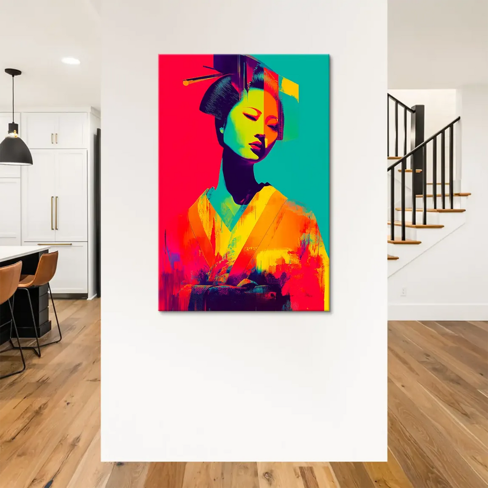 Colorful Japanese-inspired wall art depicting a Geisha in bold neon tones
