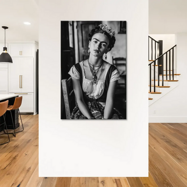 Monochrome Frida Kahlo wall art with traditional jewelry