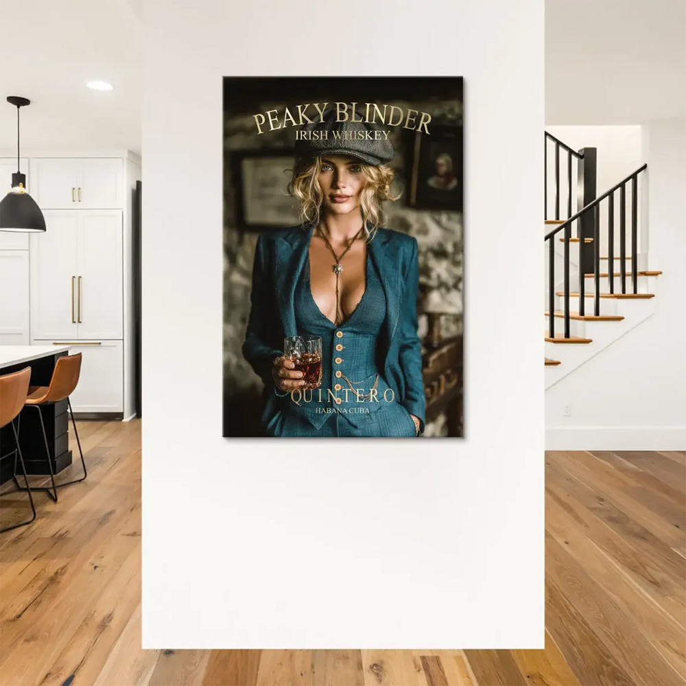 Close-up of a stylish woman with vintage vibe and bold makeup on wall art