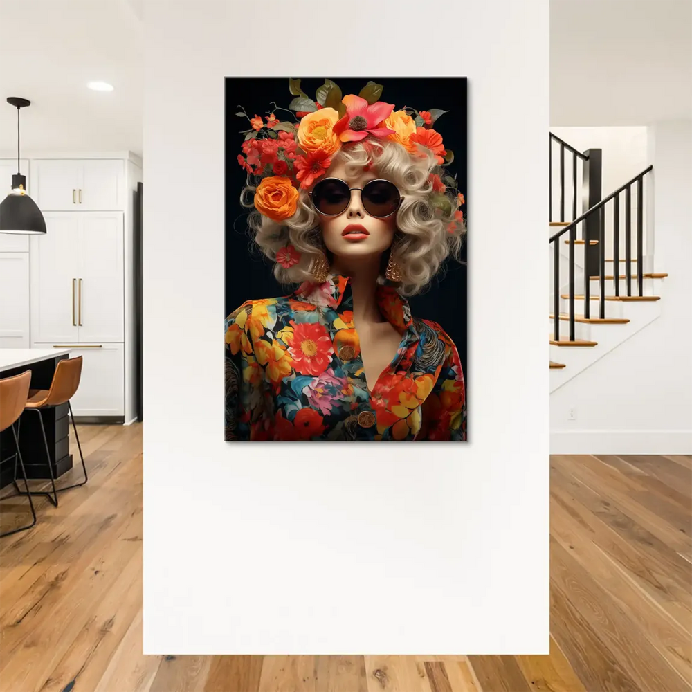 Vibrant floral wall art featuring a fashionable woman in a floral shirt