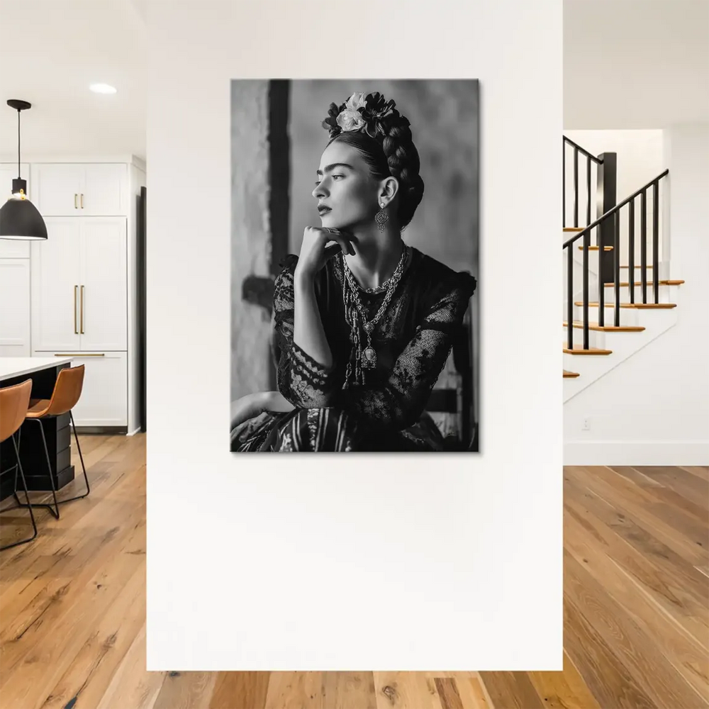 Monochrome vintage-style wall art featuring a pensive woman in traditional dress
