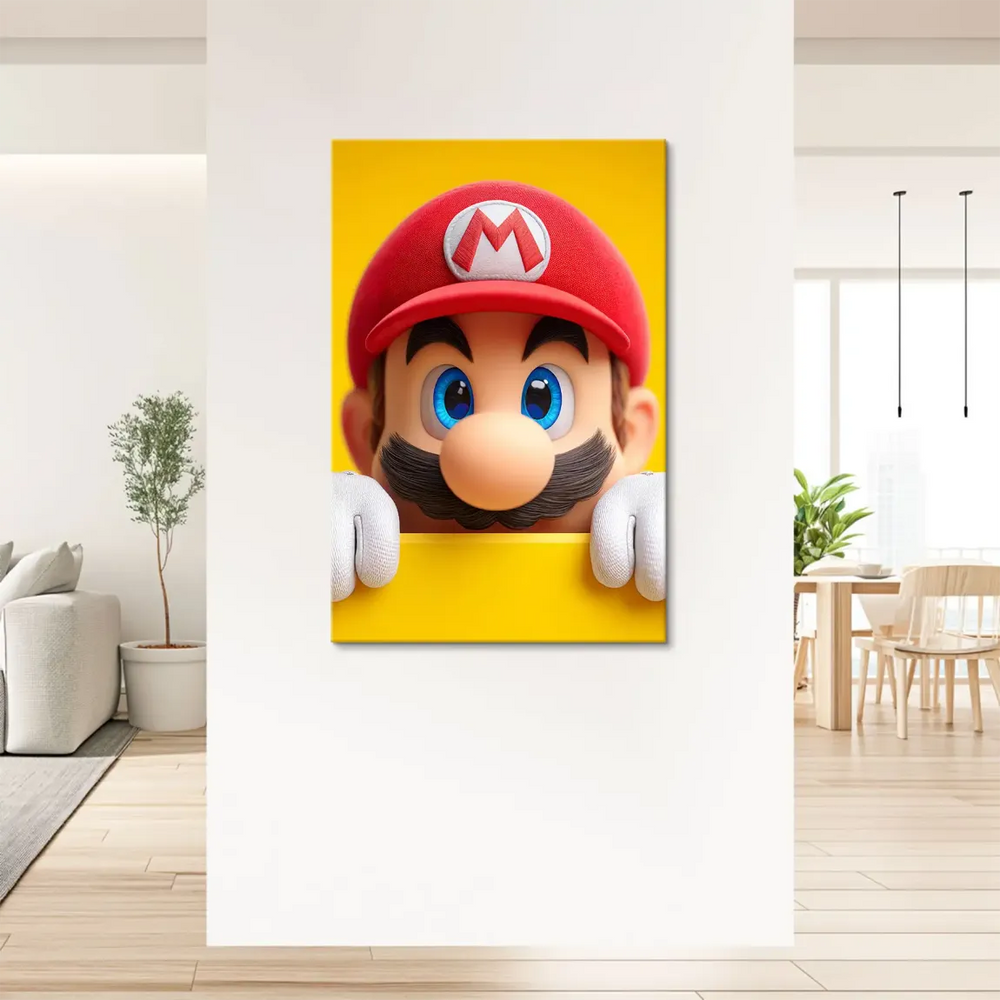 Mario character in a 3D animated artwork with vibrant yellow and red palette