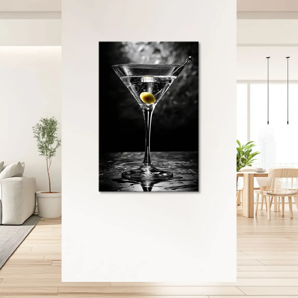 Close-up of the martini glass showing clean lines and moody shadows