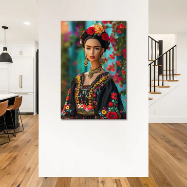 Teal background with blooming flowers behind a Frida-inspired Barbie portrait on canvas.